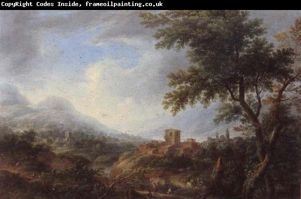 unknow artist An extensive river landscape with drovers and travellers before a hill-top town